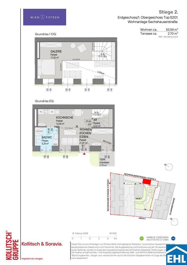 Grundriss einer Maisonette-Wohnung über zwei Etagen mit offener Wohnküche, Bad und Terrasse.