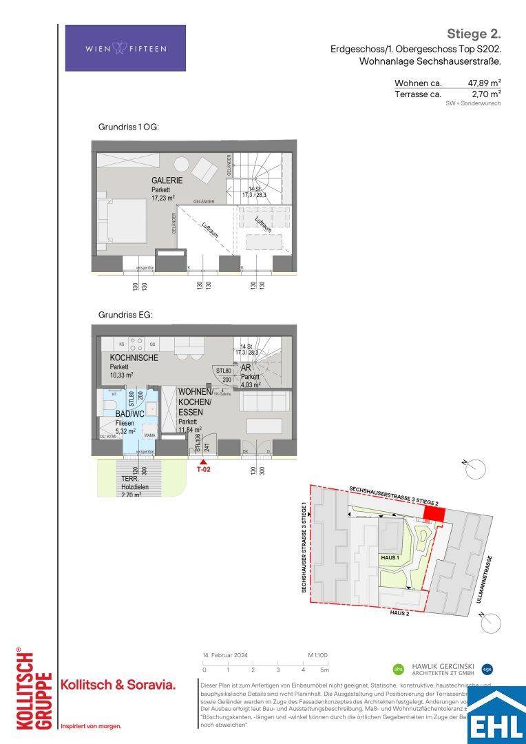 Grundrissplan für Erdgeschoss und Obergeschoss mit offener Wohnküche, Galerie und Terrasse.