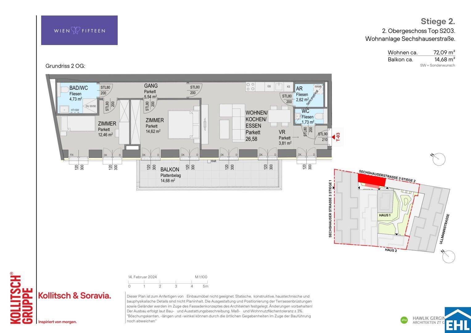 Grundriss einer Wohnung mit Balkon, zwei Zimmern und offenem Wohn-Koch-Essbereich.