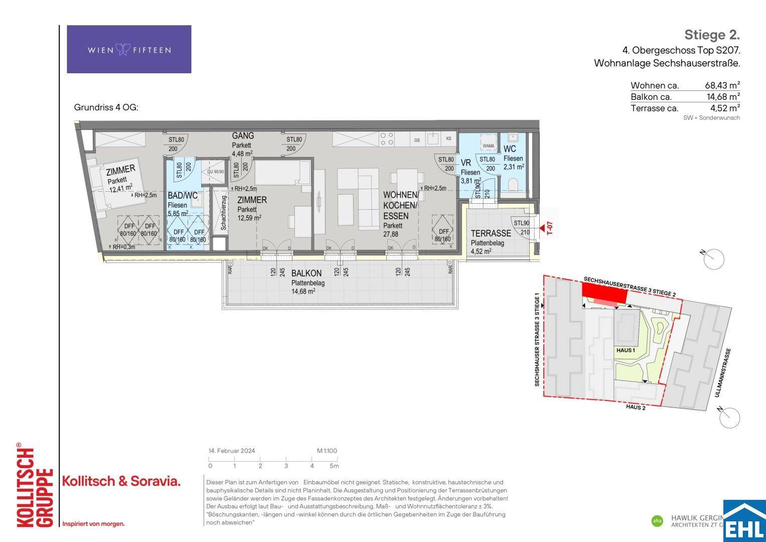 Grundriss einer Wohnung im 4. Obergeschoss mit Balkon und Terrasse.