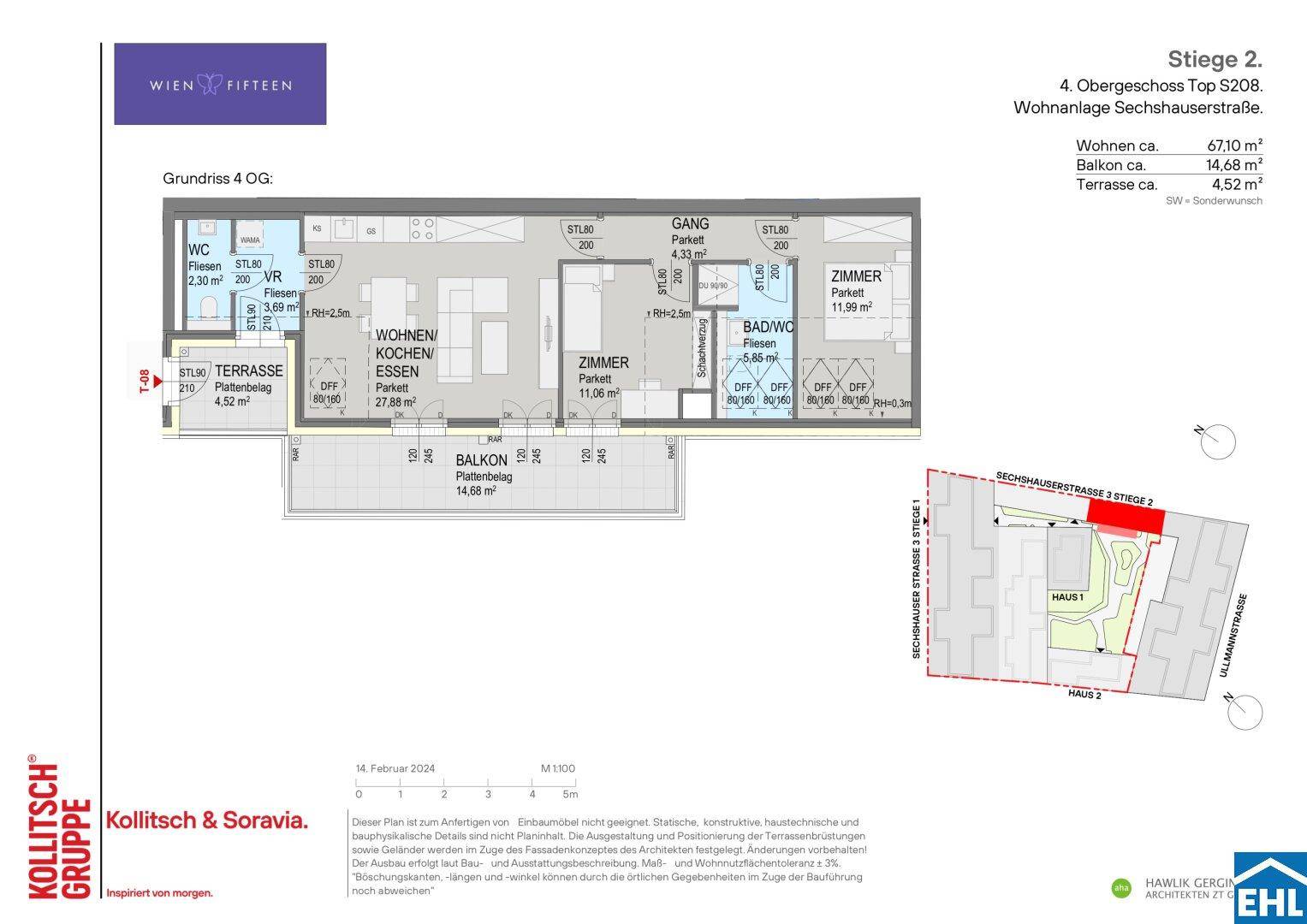 Detaillierter Grundriss einer Wohnung im 4. Obergeschoss mit offenem Wohnbereich, Balkon und Terrasse.