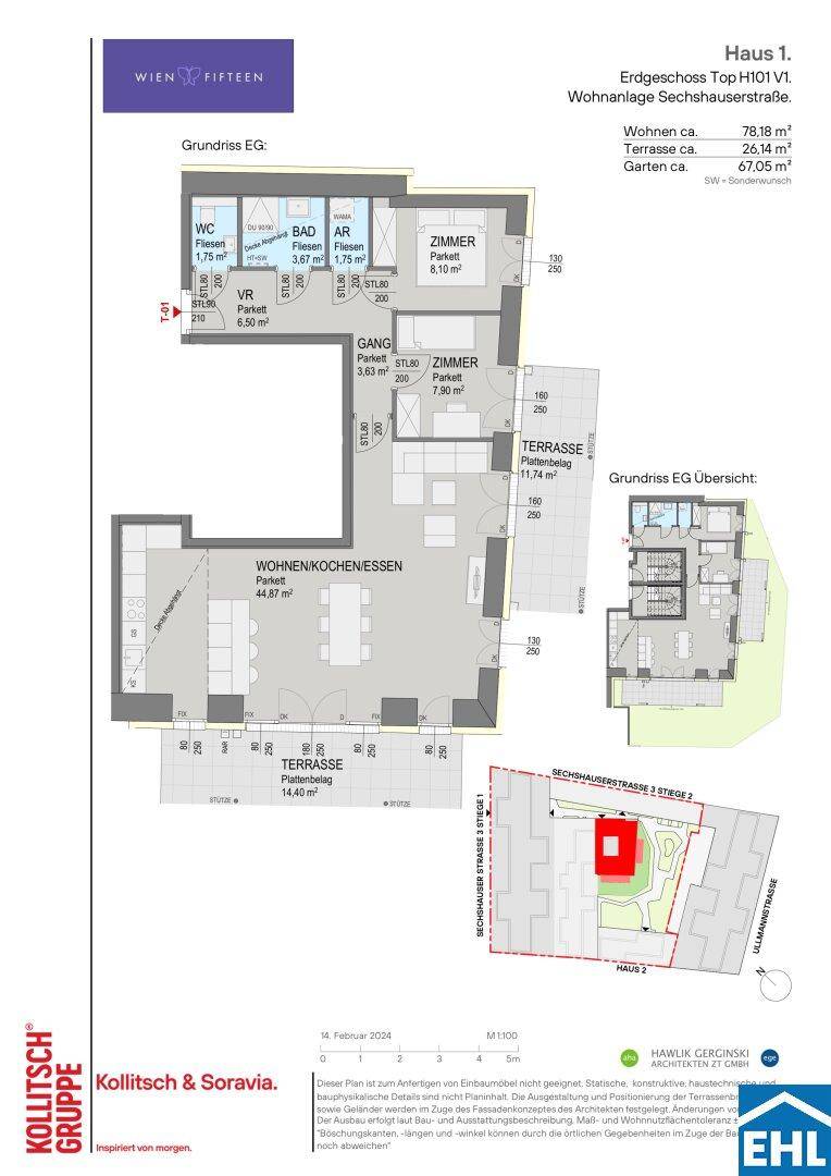 Grundriss einer Erdgeschosswohnung mit offenem Wohnbereich, zwei Terrassen und Garten.