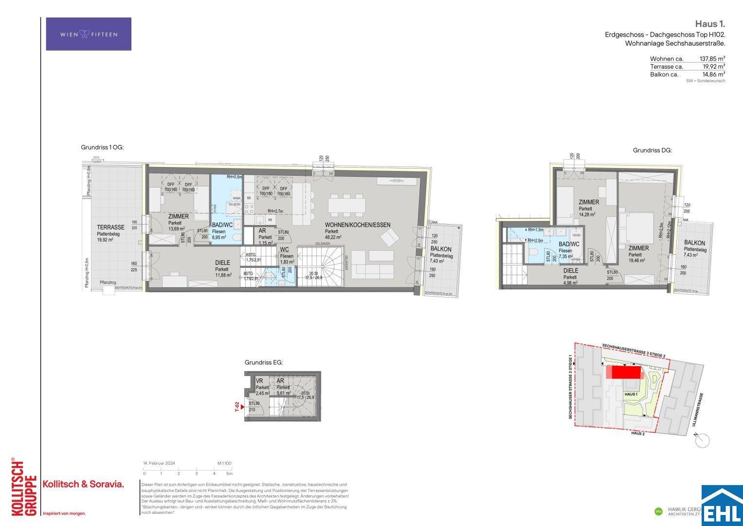 Grundrissplan zeigt eine Dachgeschosswohnung mit offenem Wohnbereich, zwei Bädern, Terrasse und Balkon.