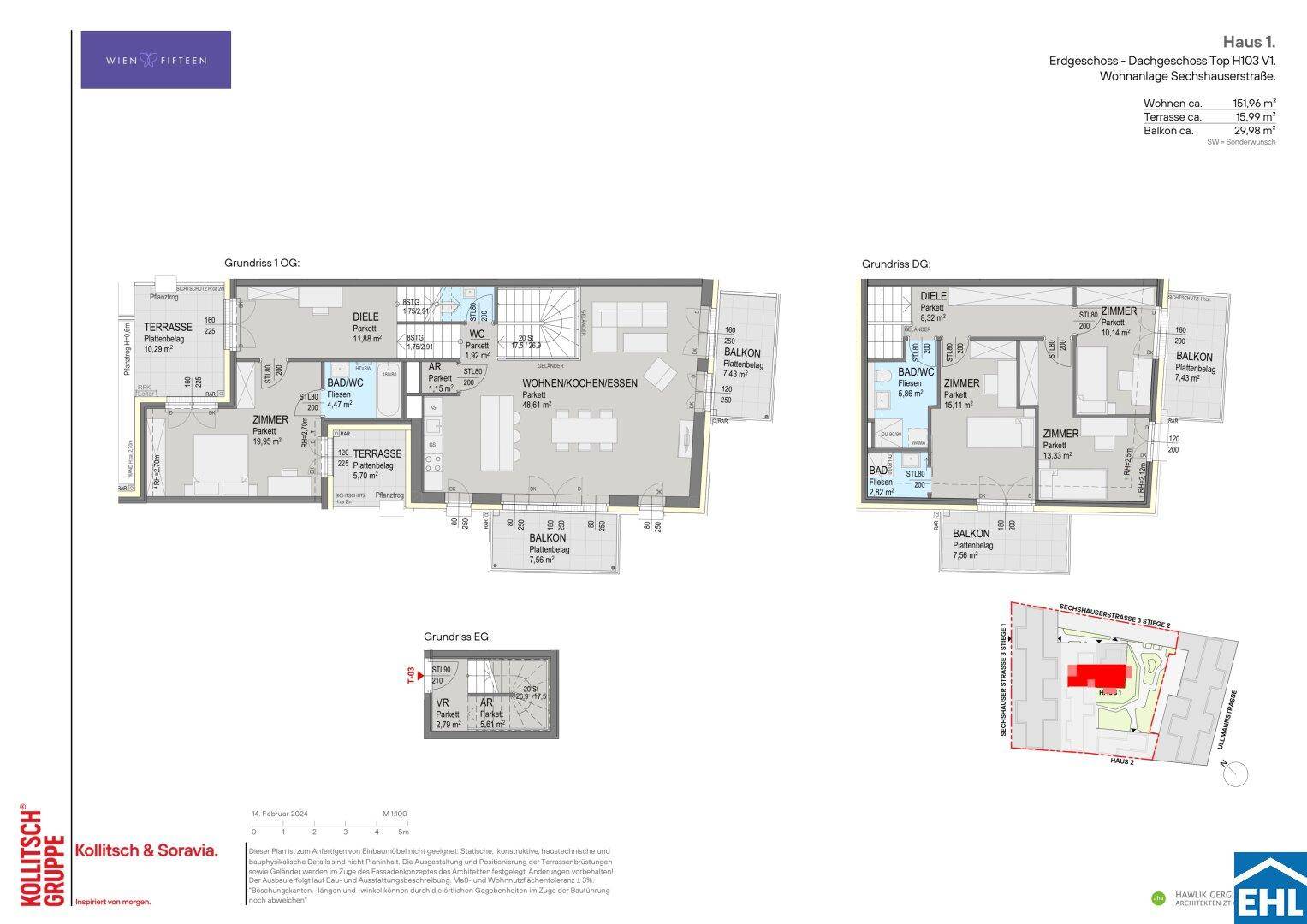 Grundrissplan zeigt eine Wohnung mit offenem Wohn-Essbereich, zwei Bädern und mehreren Balkonen und Terrassen.