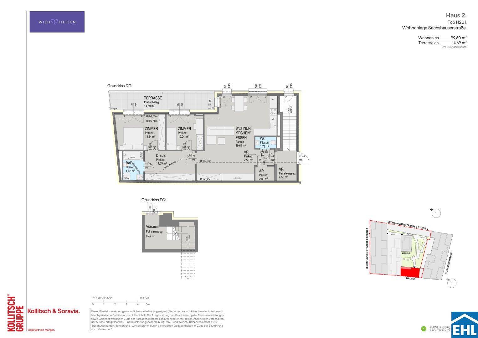 Grundrissplan eines zweistöckigen Hauses mit Terrasse und offenem Wohn-Kochbereich.
