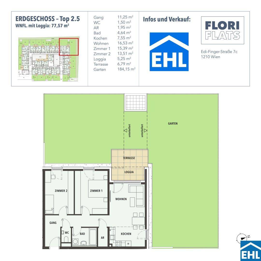 Grundriss des Erdgeschosses mit offenem Wohnbereich, zwei Schlafzimmern, Bad, separatem WC, Abstellraum, Loggia, Terrasse und Garten.