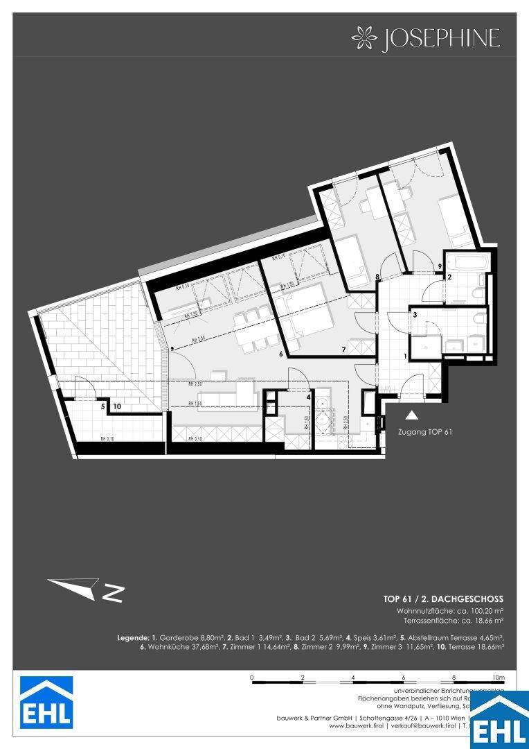 Grundriss einer modernen Dachgeschosswohnung mit offener Wohnküche, mehreren Zimmern und großer Terrasse.