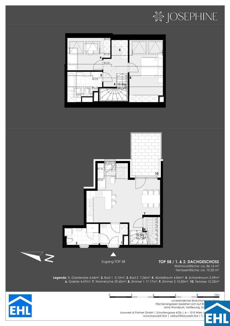 Grundrissplan einer Maisonette-Wohnung über zwei Etagen mit offener Wohnküche und Terrasse.