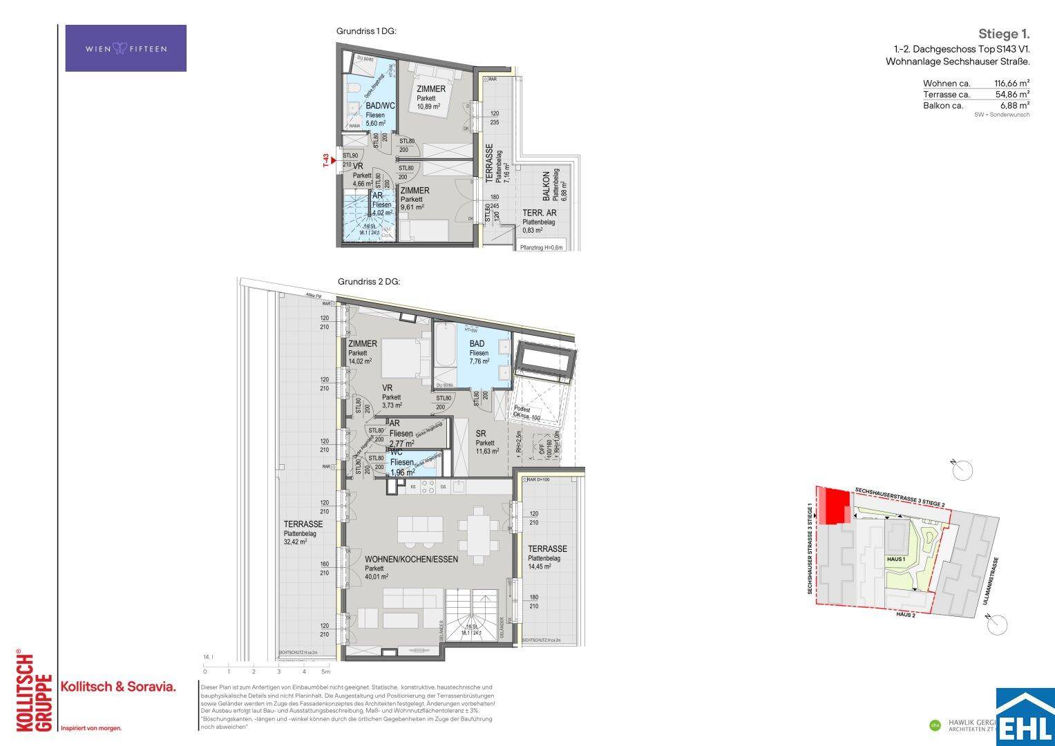 Grundriss eines Dachgeschosses mit zwei Ebenen, Terrassen und Balkon.