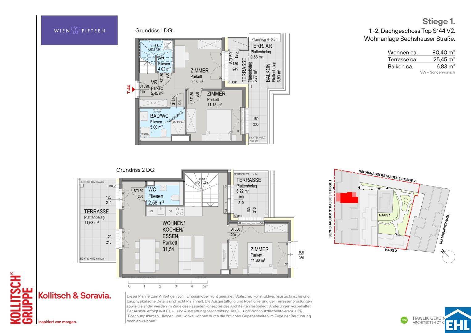 Grundriss einer Maisonette-Wohnung mit offenem Wohnbereich, zwei Terrassen und einem Balkon.