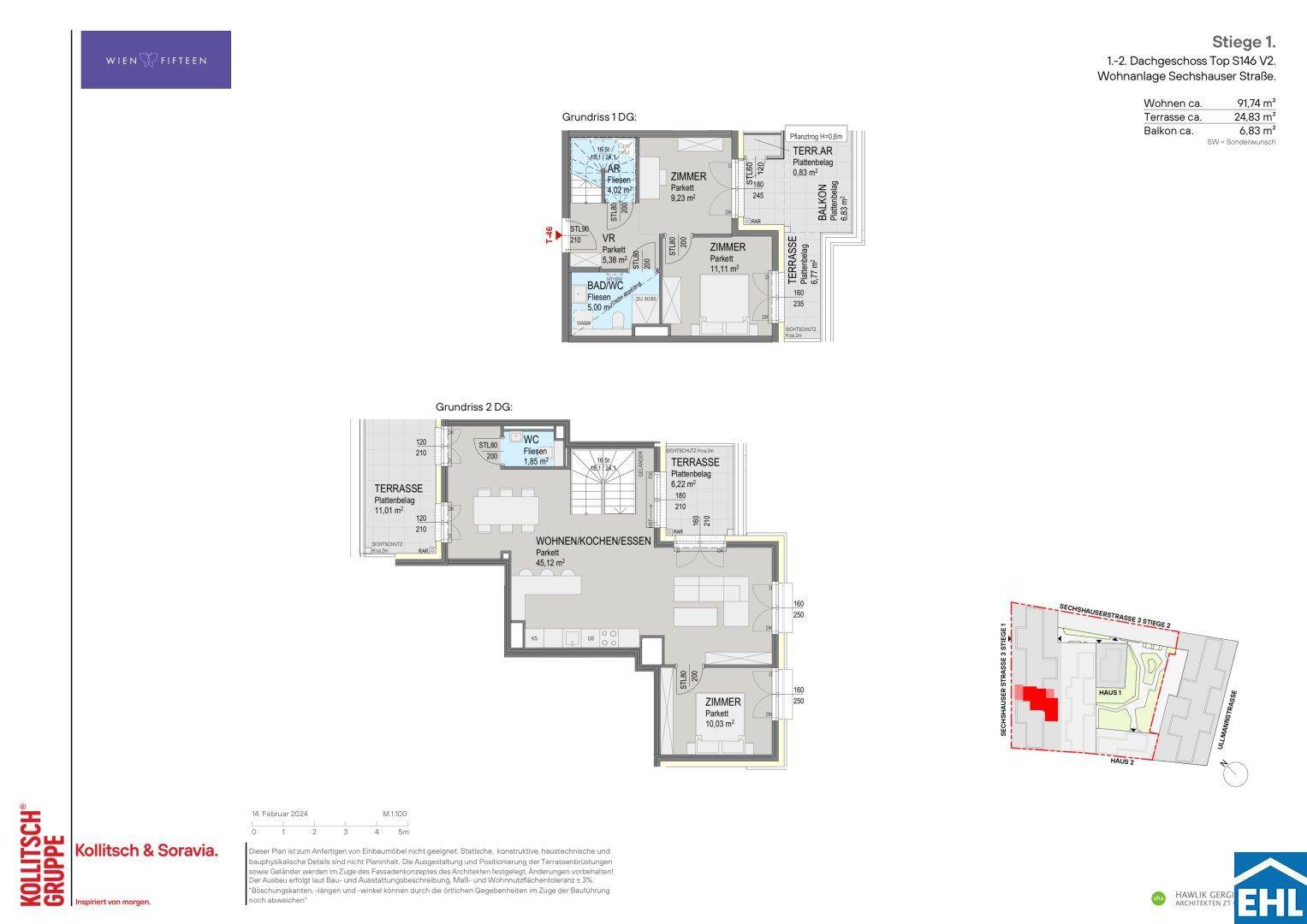 Grundriss einer Maisonette-Wohnung über zwei Dachgeschosse mit Terrassen und Balkon.