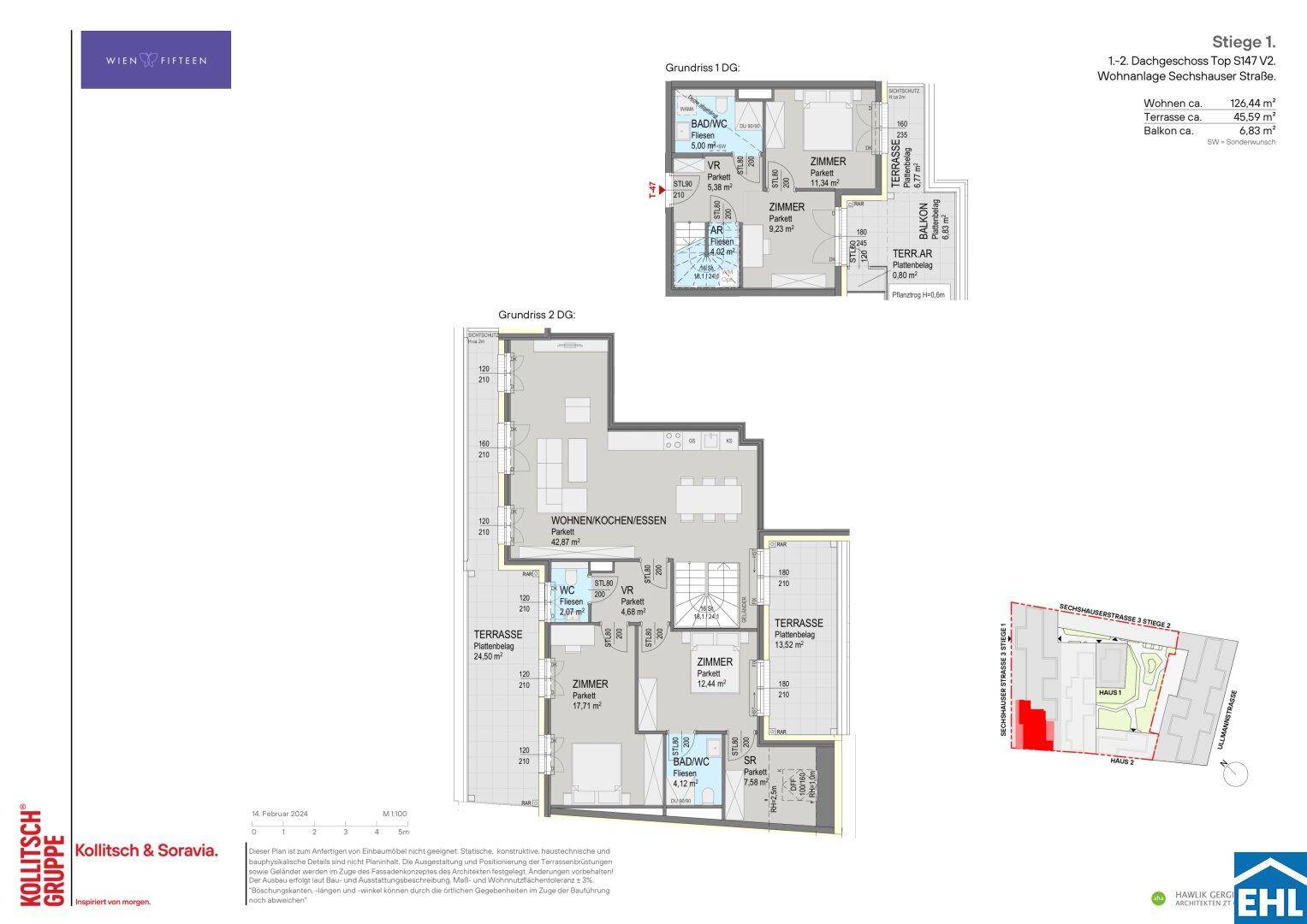 Grundriss einer Maisonette-Wohnung über zwei Etagen mit offenem Wohnbereich, Terrassen und Balkon.