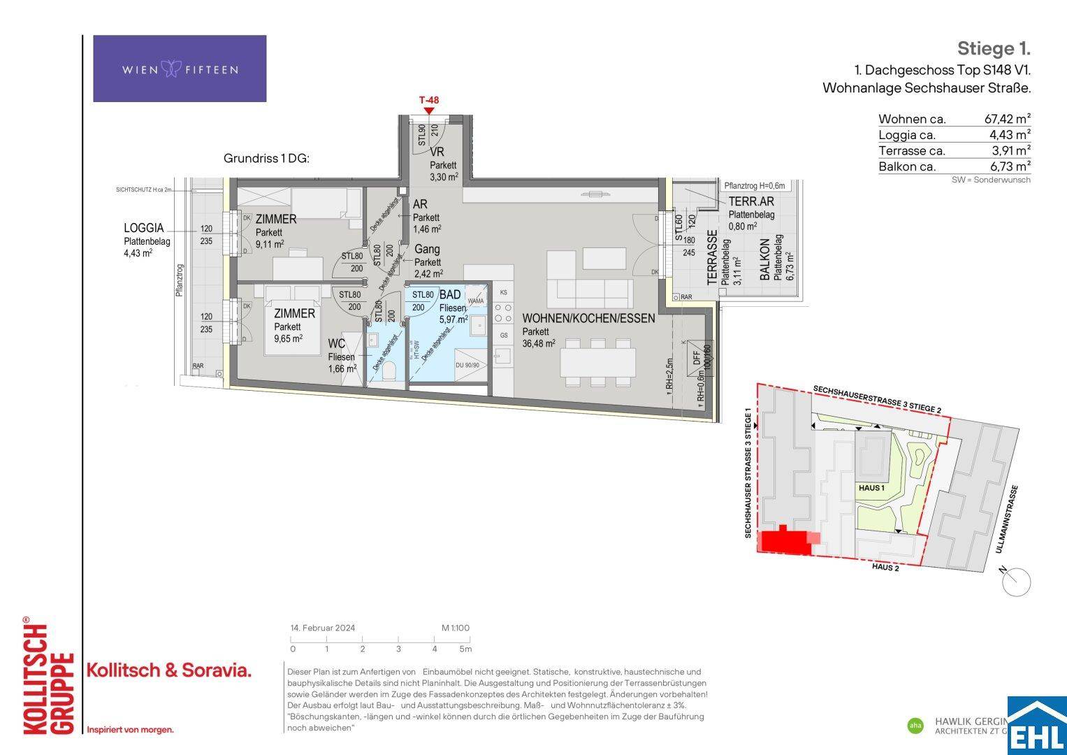Grundriss einer Wohnung mit zwei Zimmern, offenem Wohnbereich, Loggia und Terrasse.
