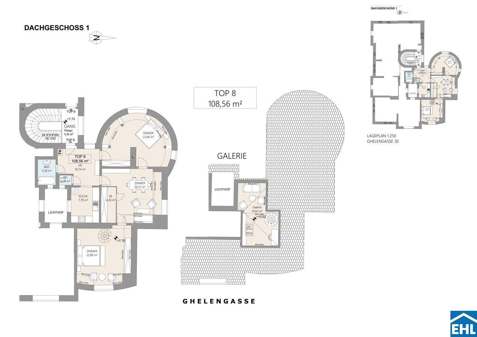 Grundriss des Dachgeschosses mit 108,56 m² Wohnfläche und einem zusätzlichen Galeriebereich.