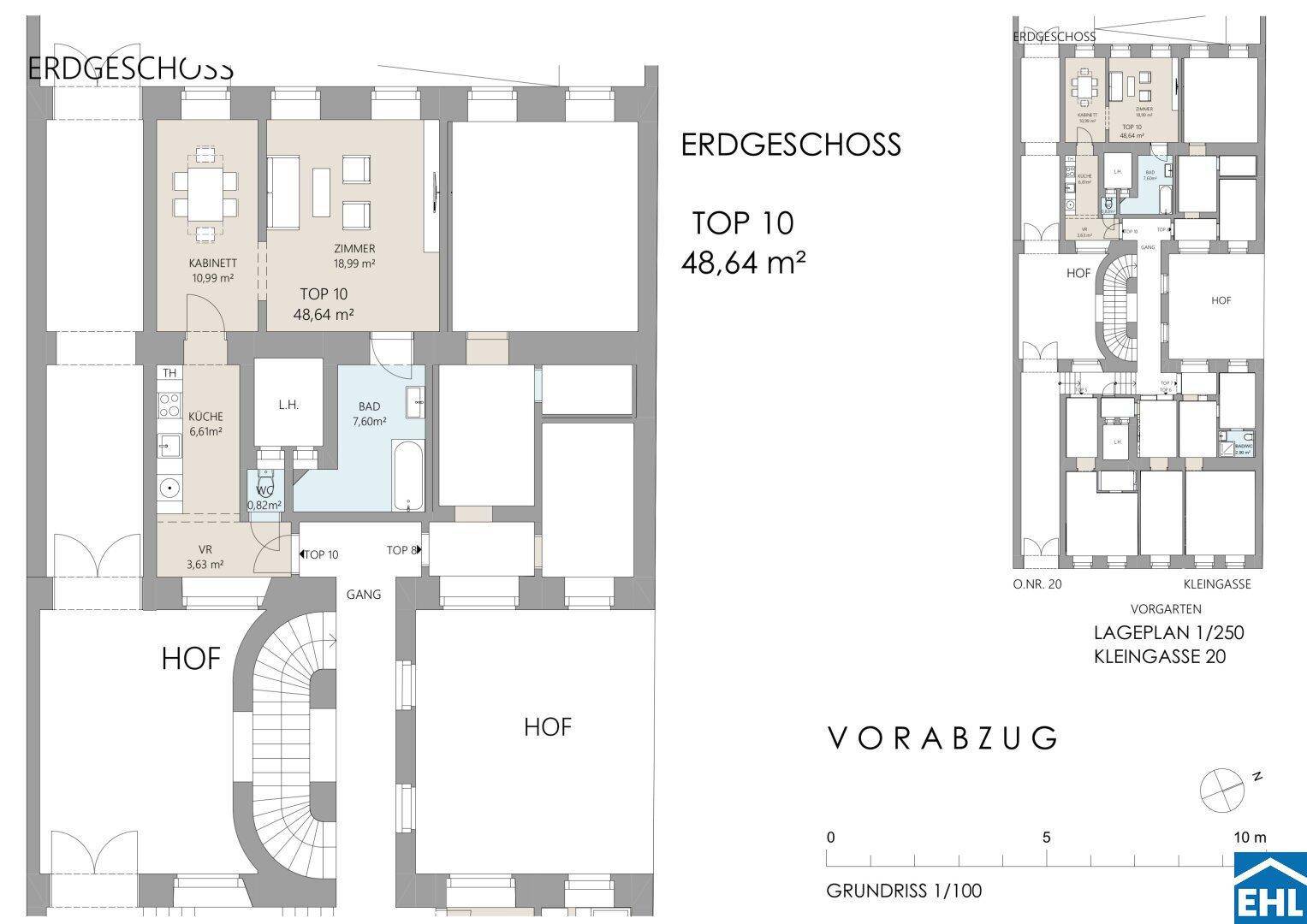 Grundriss des Erdgeschosses, Top 10, mit 48,64 m² und mehreren Zimmern.