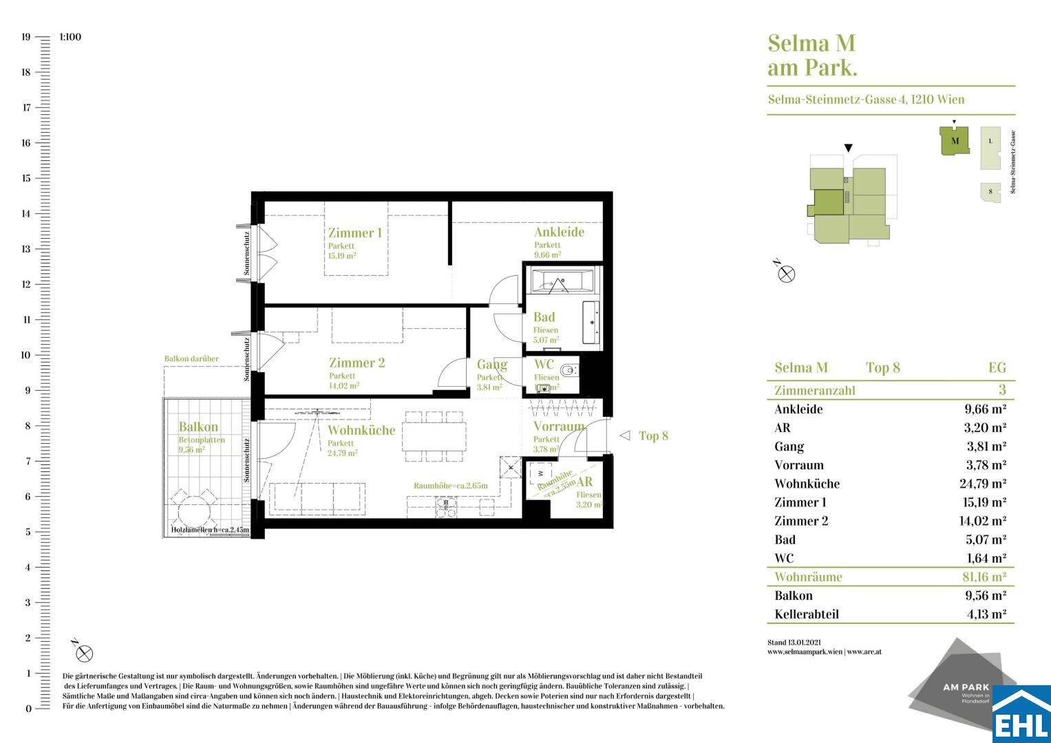 Detaillierter Grundriss der Wohnung Selma M mit drei Zimmern, Balkon und Kellerabteil.