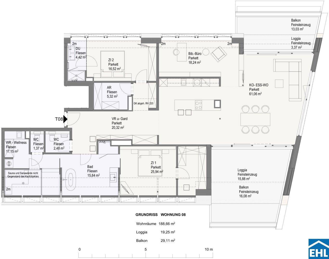 Detaillierter Grundriss einer Wohnung mit offenem Wohn-Essbereich, zwei Schlafzimmern, Büro, Wellnessbereich mit Sauna und mehreren Balkonen sowie Loggien.