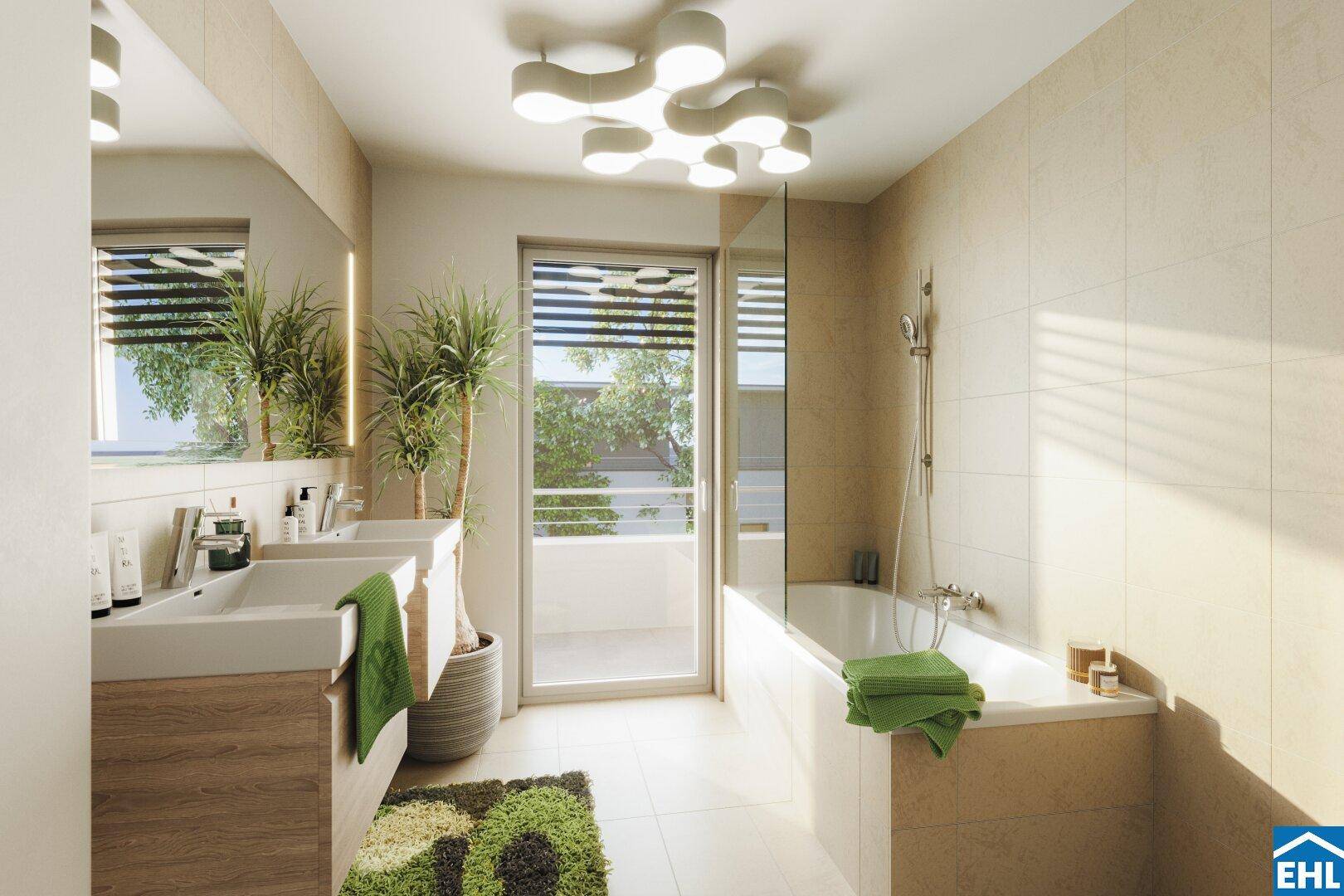 Modernes Badezimmer mit Doppelwaschbecken, Badewanne, Dusche und Zugang zum Balkon, hell gefliest.