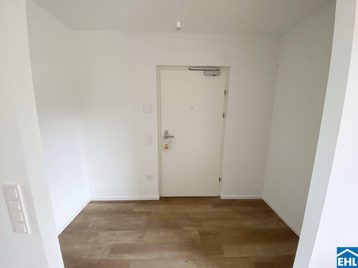 Heller Eingangsbereich mit moderner Wohnungstür und strapazierfähigem Laminatboden.