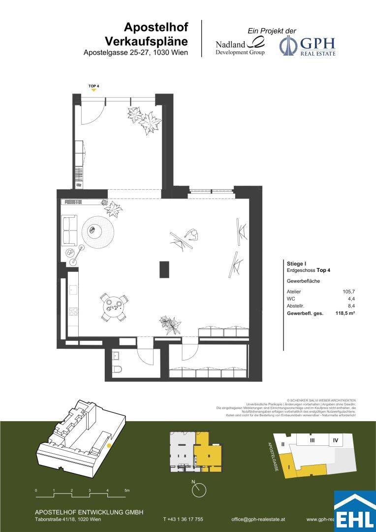 Detaillierter Grundriss einer Gewerbefläche im Apostelhof, inklusive Atelier, WC und Abstellraum, mit einer Gesamtfläche von 118,5 m².