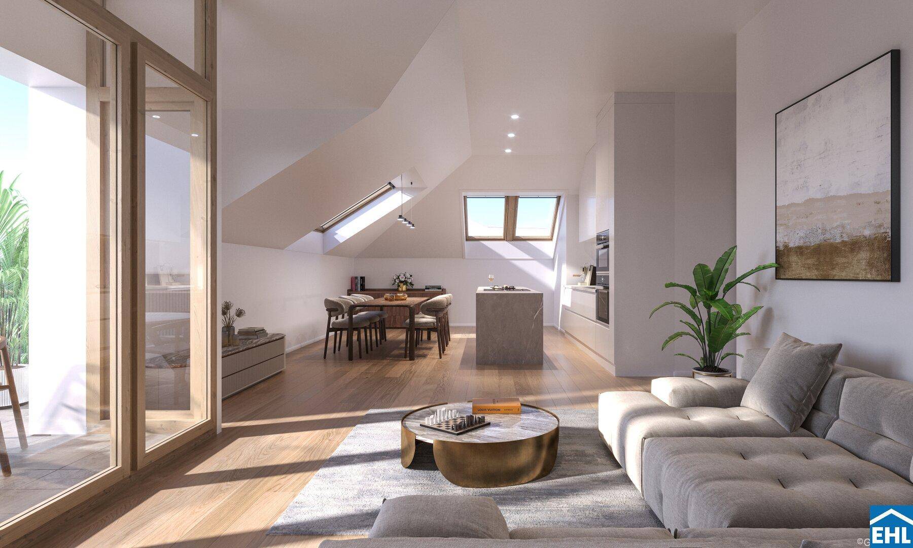Offener Wohn- und Essbereich im Dachgeschoss mit moderner Küche, Holzboden und Zugang zum Balkon.