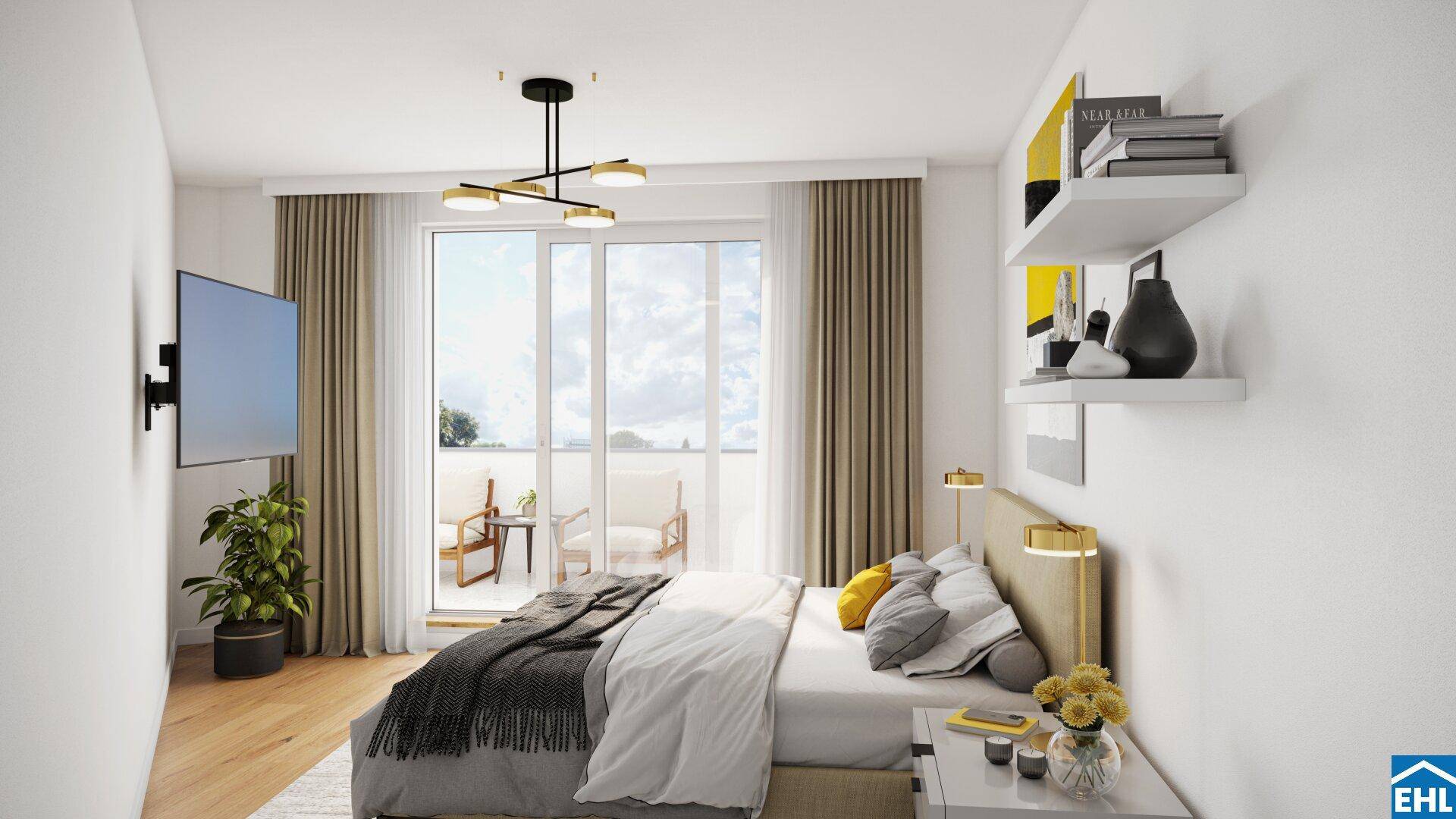 Helles Schlafzimmer mit modernem Bett, Wandregalen und direktem Zugang zu einem Balkon.