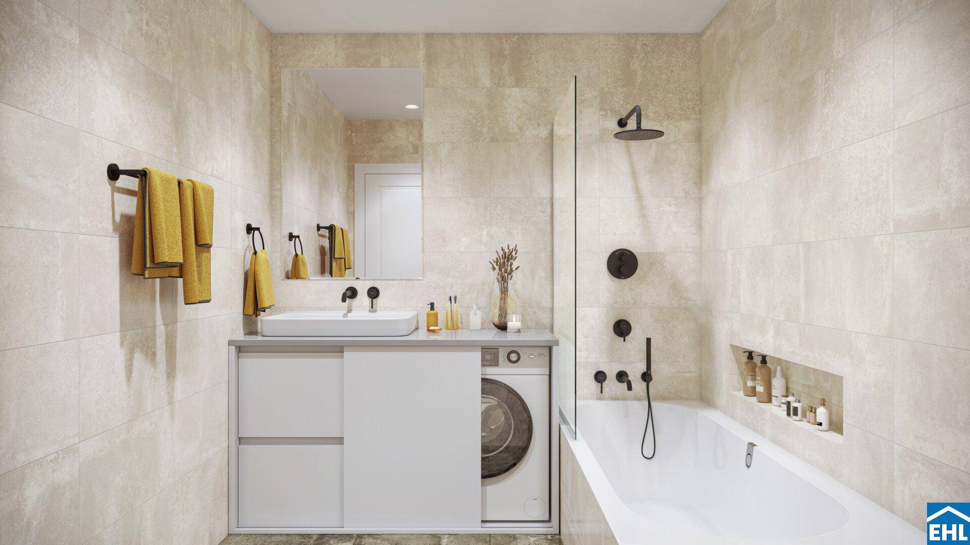 Modernes Badezimmer mit beigefarbenen Fliesen, Badewanne, Dusche und integrierter Waschmaschine.