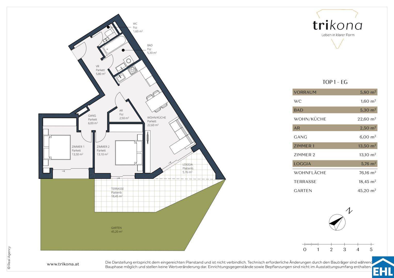 Grundriss der Erdgeschosswohnung TOP 1 mit zwei Schlafzimmern, Loggia, Terrasse und Garten.