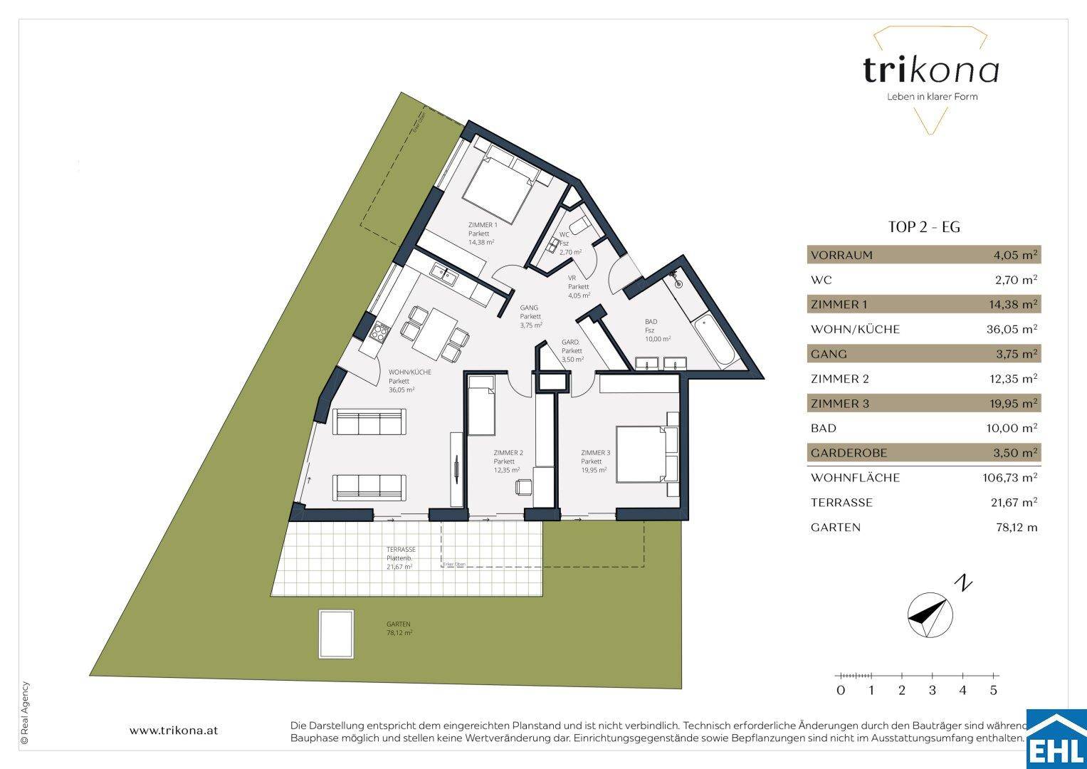 Grundriss der Wohnung TOP 2 im Erdgeschoss mit Terrasse und Garten.