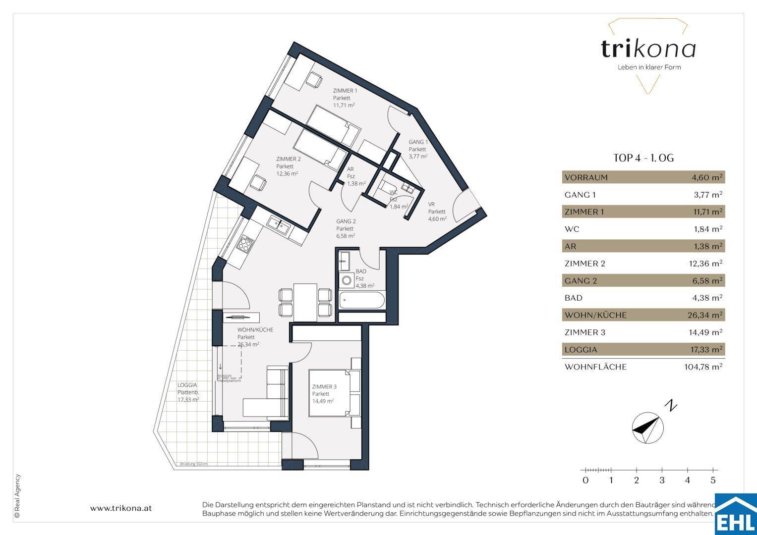 Grundriss der Wohnung TOP 4 mit Loggia, drei Zimmern und offenem Wohn-/Kochbereich.