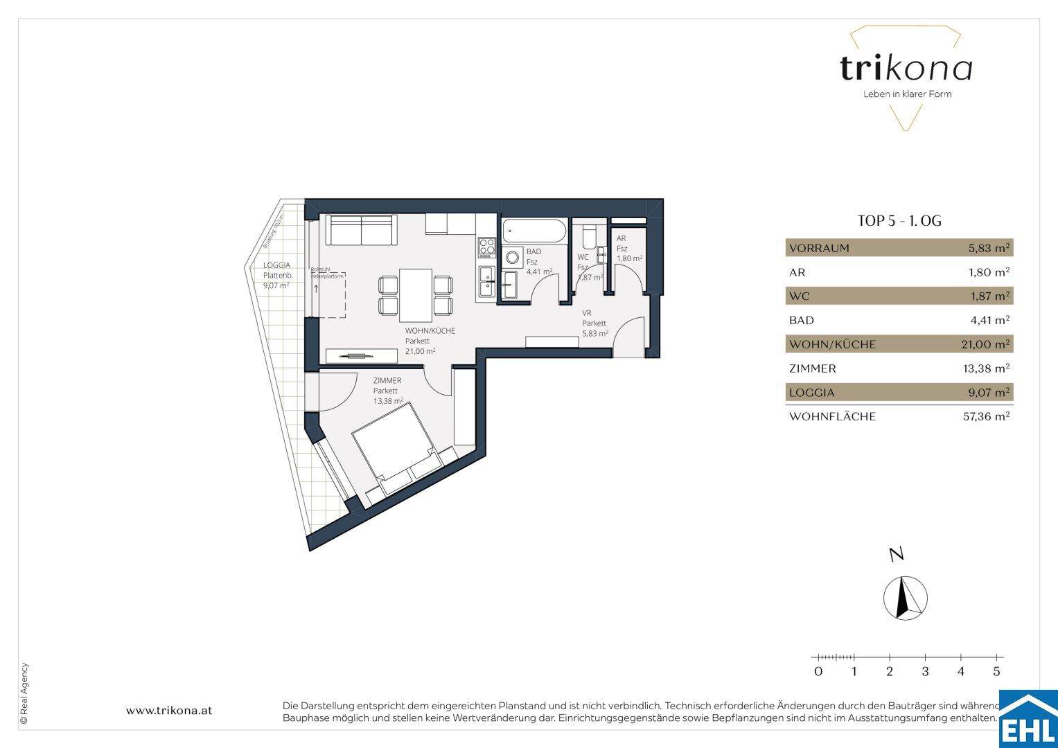 Grundriss einer Wohnung mit offener Wohnküche, Schlafzimmer und einer Loggia.