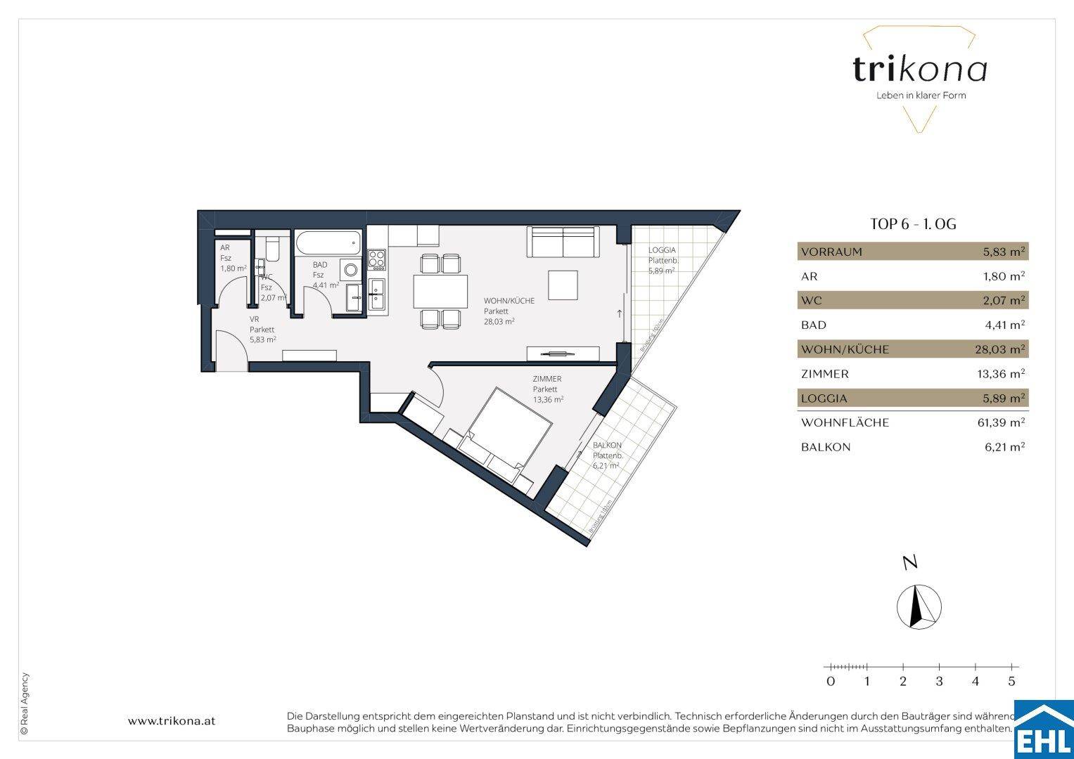 Grundriss einer Wohnung mit Loggia und Balkon, inklusive Raumaufteilung.
