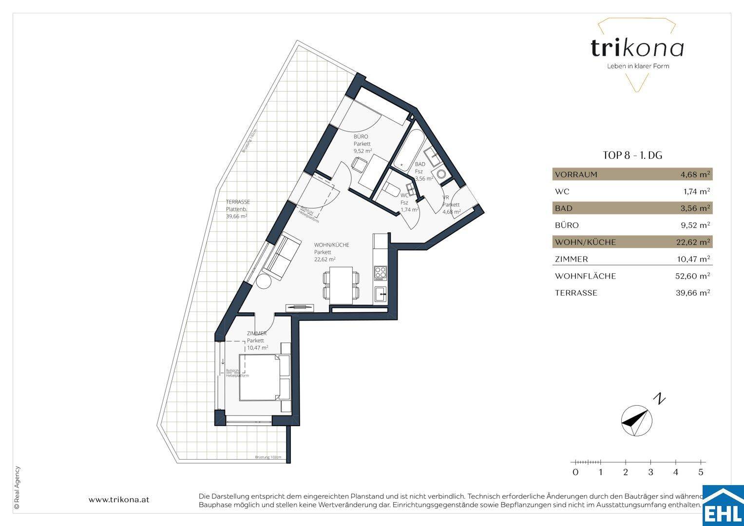 Grundriss einer Wohnung mit Wohnküche, Schlafzimmer und großer Terrasse.