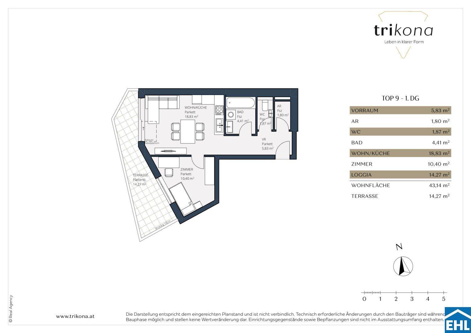 Grundriss einer Wohnung mit Wohnküche, Schlafzimmer, Loggia und Terrasse.