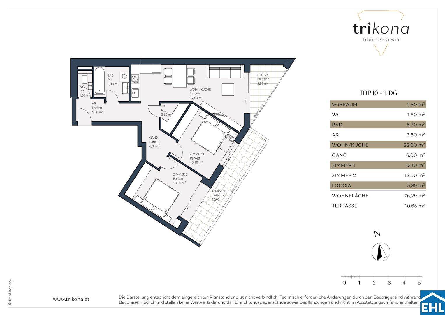 Detaillierter Grundriss einer Wohnung mit Loggia und klarer Raumaufteilung.