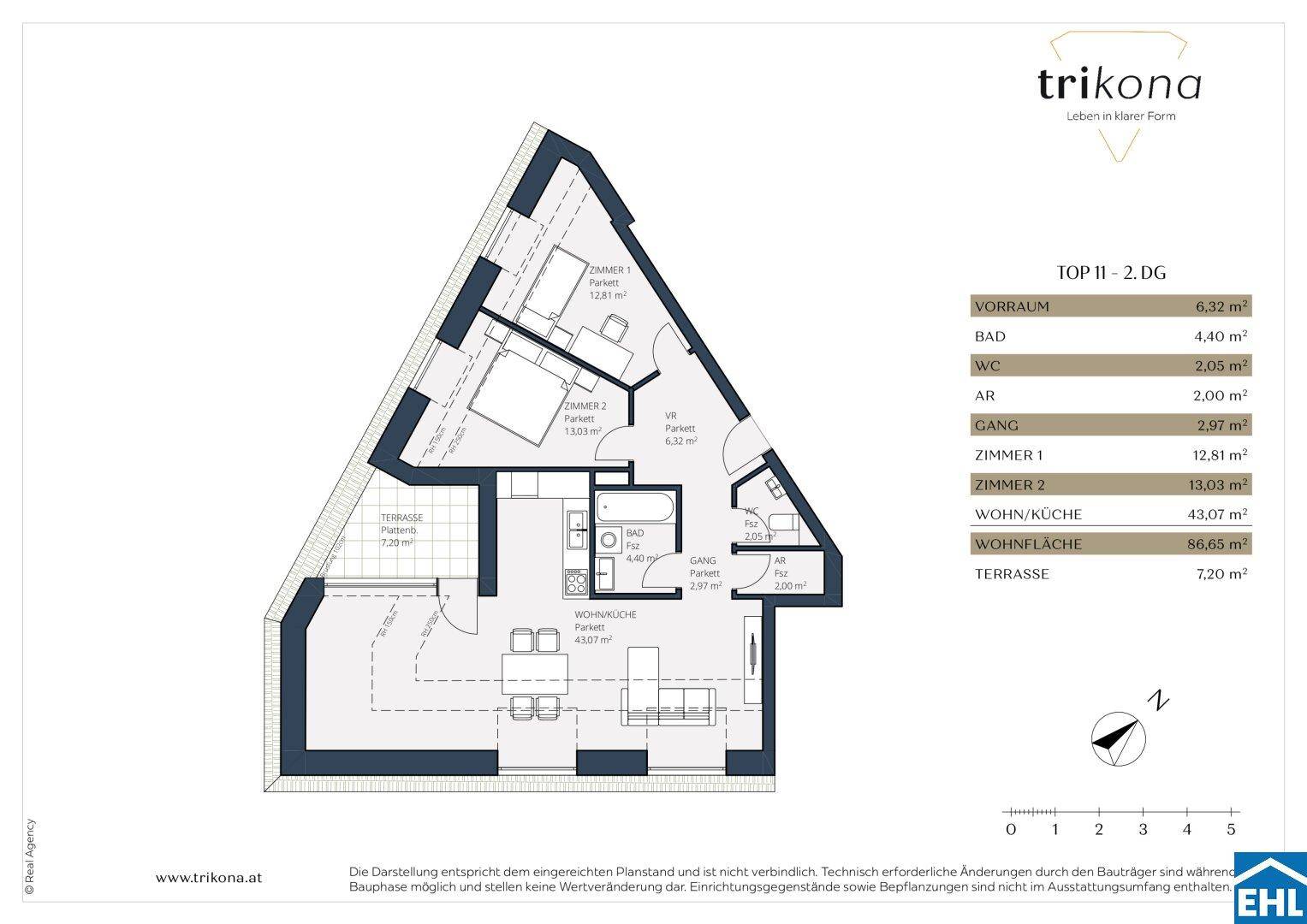 Grundriss einer Dachgeschosswohnung mit offener Wohnküche, Terrasse und separatem WC.
