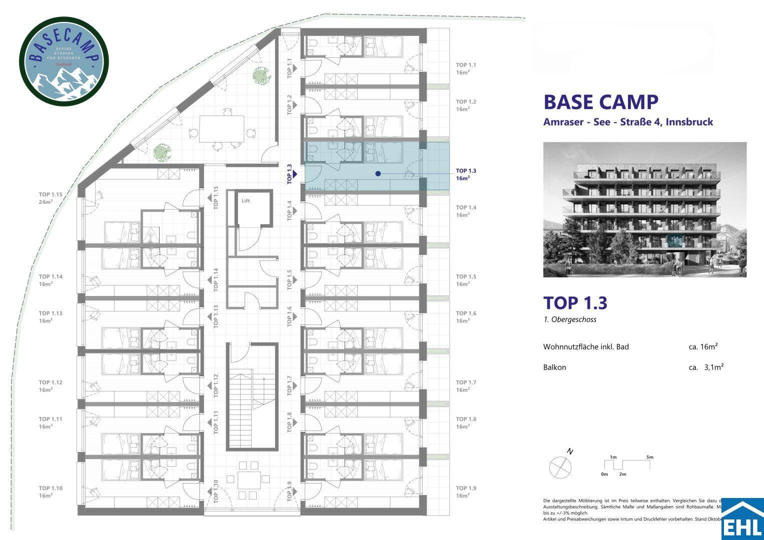 Grundriss eines Obergeschosses des Base Camp Gebäudes mit mehreren Wohneinheiten und Balkonen.