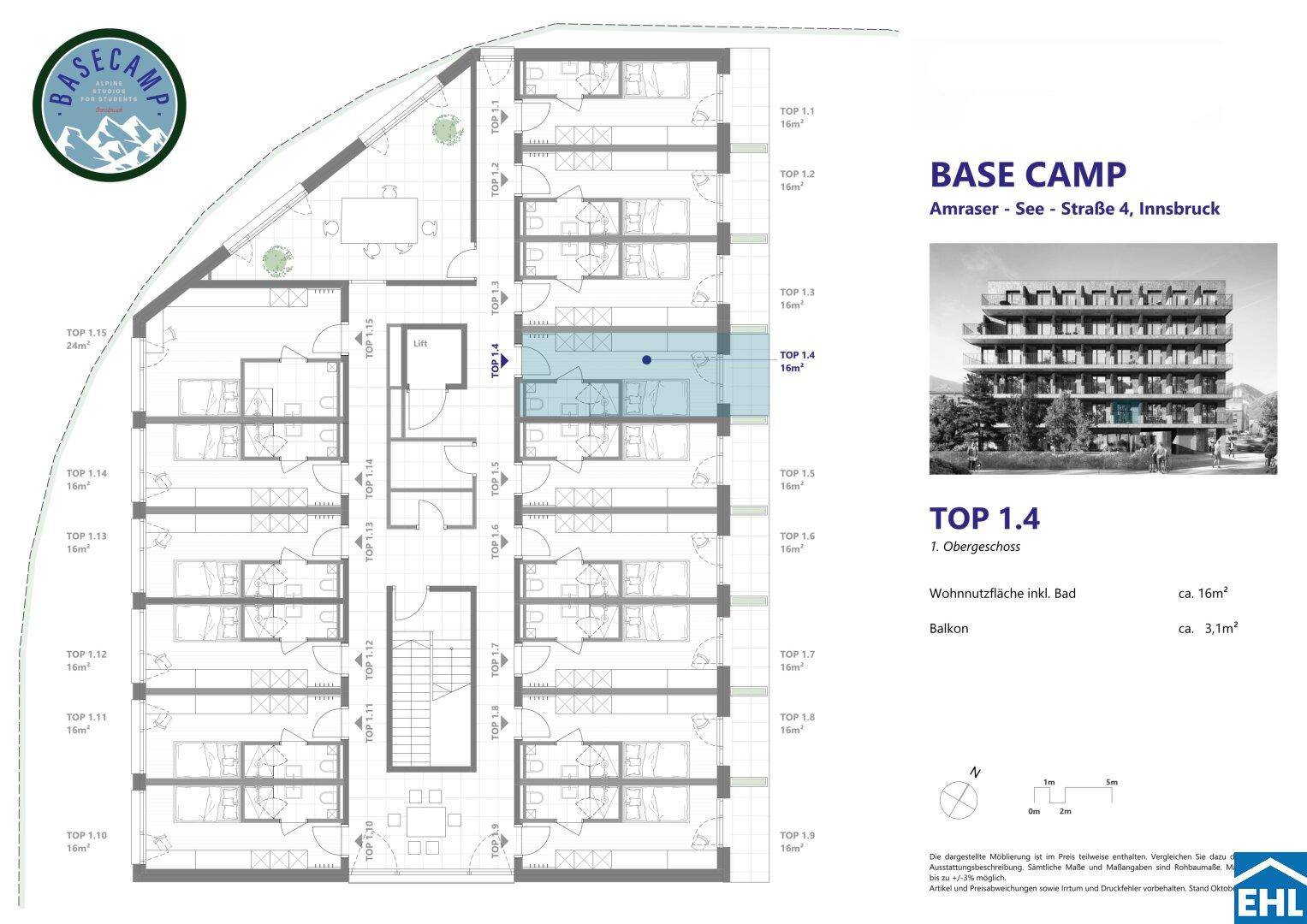 Grundriss des Obergeschosses mit mehreren Wohneinheiten und Balkonen sowie Gesamtübersicht.