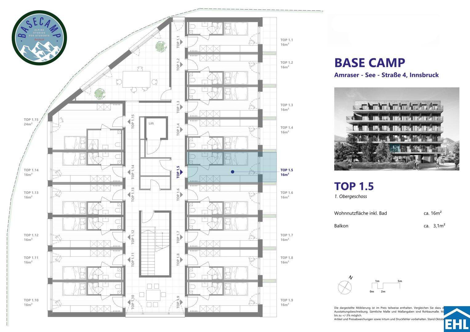 Grundriss eines Obergeschosses mit mehreren Wohneinheiten und Balkonen.