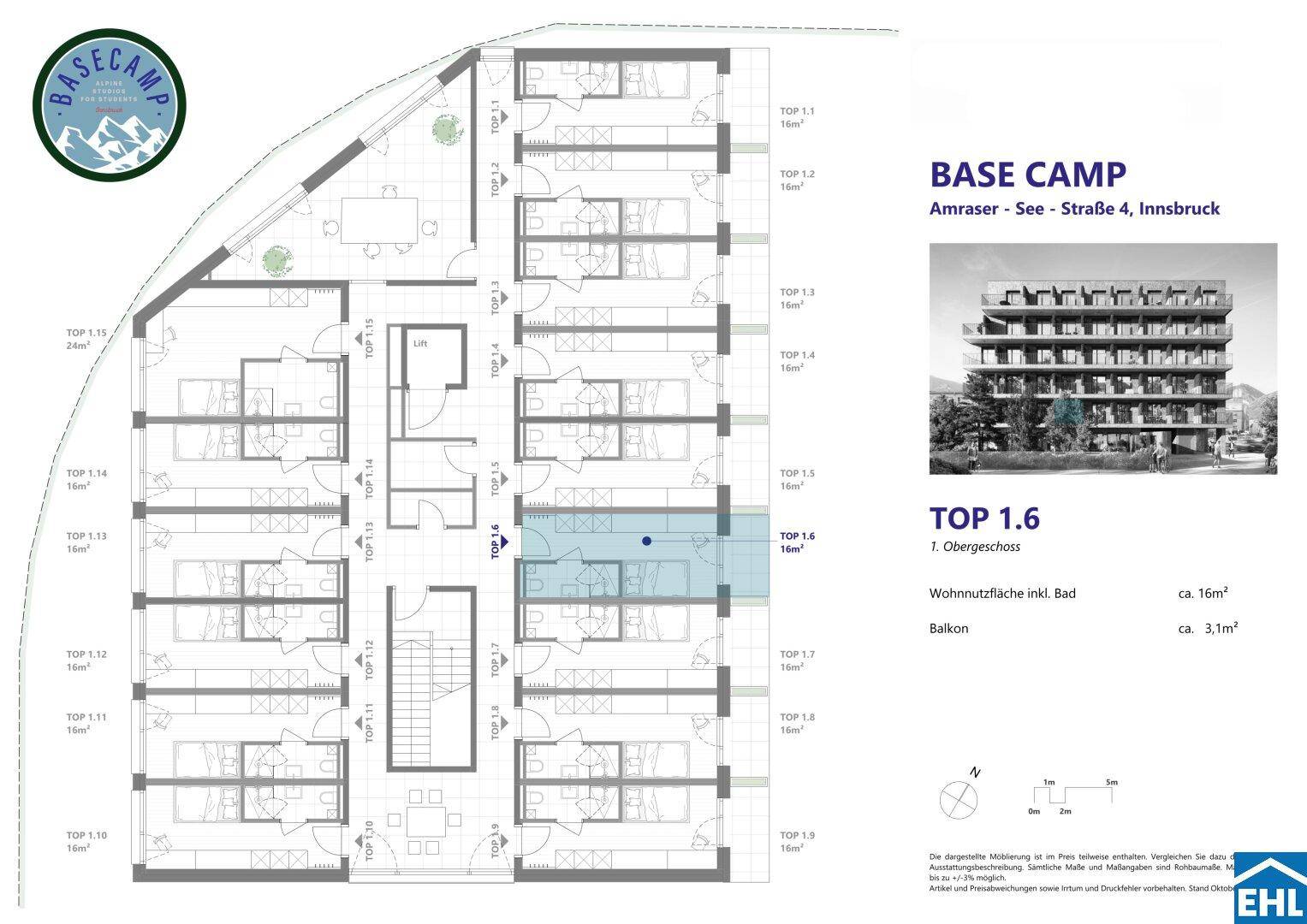 Grundriss eines Obergeschosses im Base Camp mit mehreren Wohneinheiten und Balkonen.