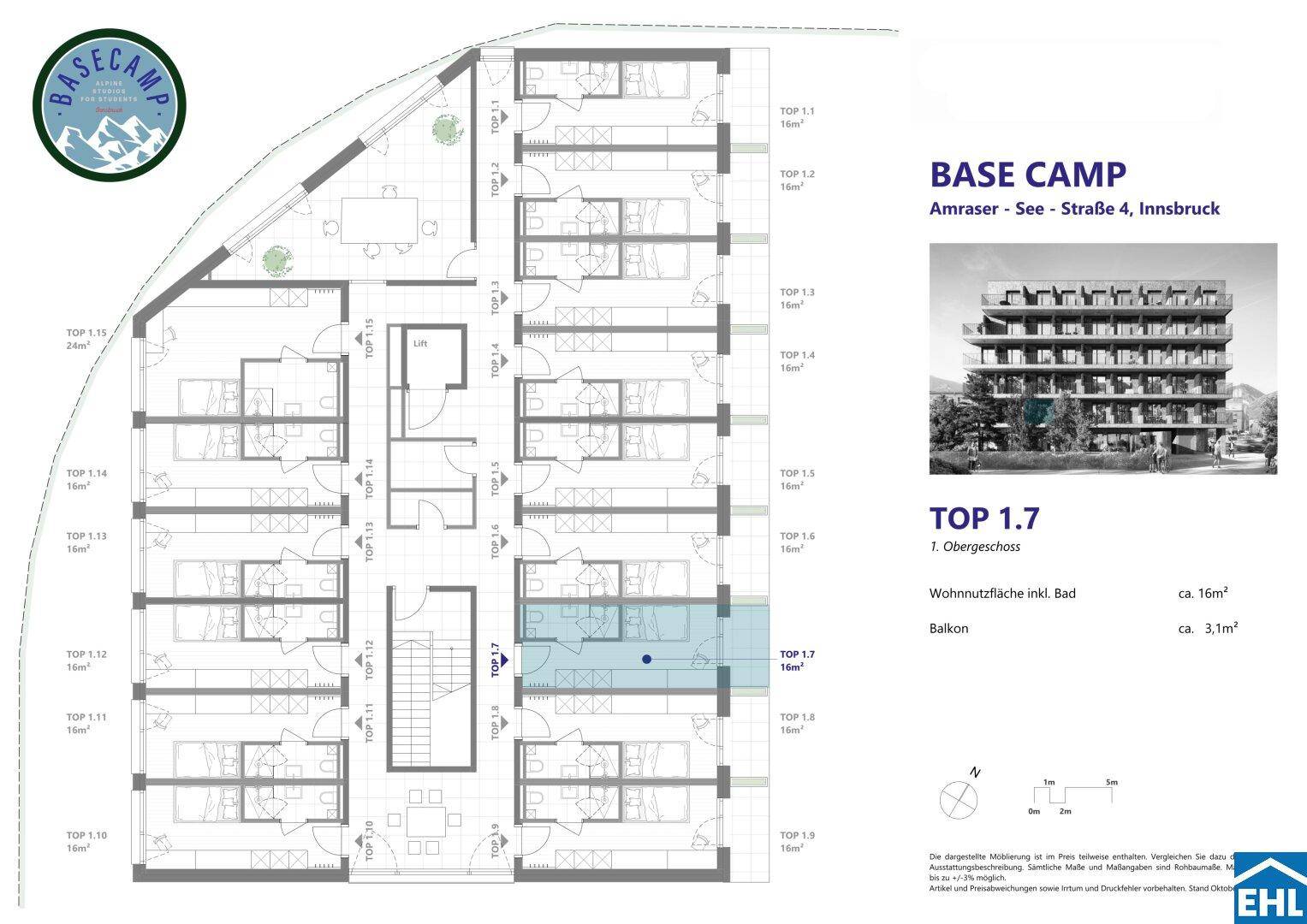 Grundriss eines Obergeschosses mit mehreren Wohneinheiten und Balkonen.