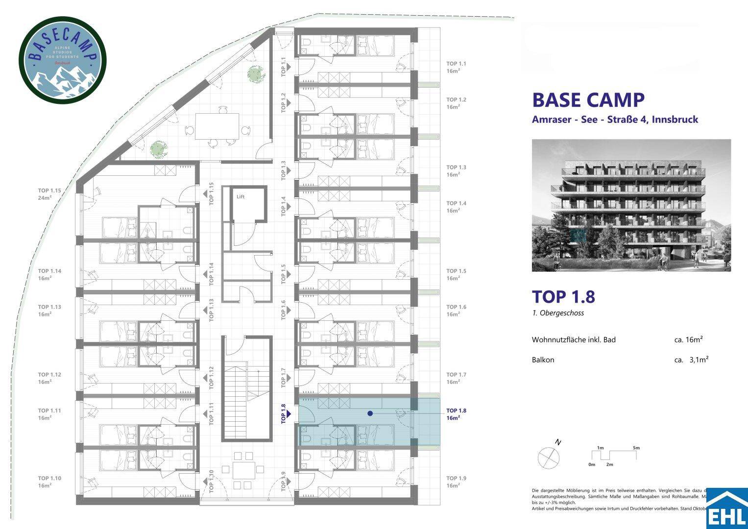 Grundriss eines Obergeschosses mit mehreren Wohneinheiten und Balkonen im "BASE CAMP".