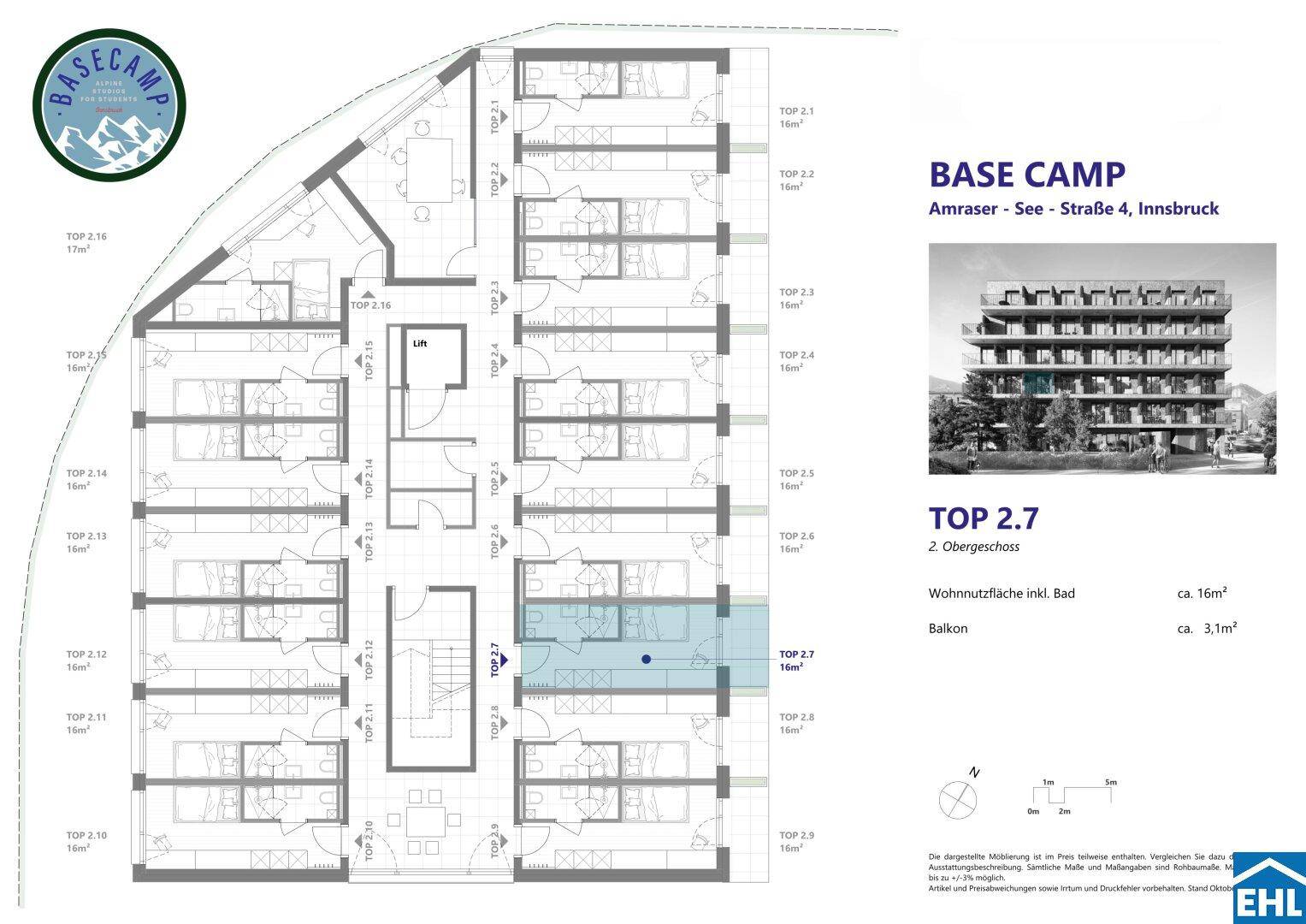 Grundriss einer Wohneinheit im Base Camp Innsbruck mit Balkon und effizienter Raumaufteilung.
