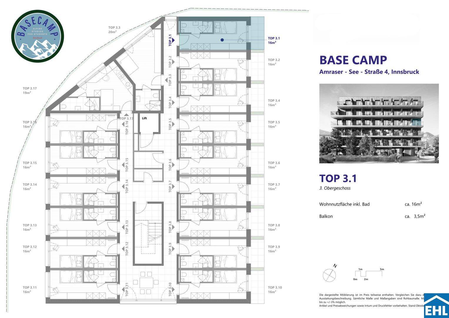 Grundriss eines Obergeschosses mit mehreren Wohneinheiten und Balkonen.