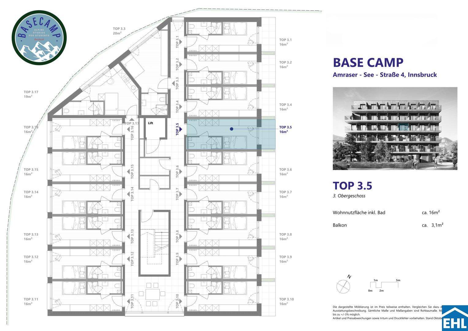 Grundriss des dritten Obergeschosses mit mehreren Wohneinheiten und Balkonen.