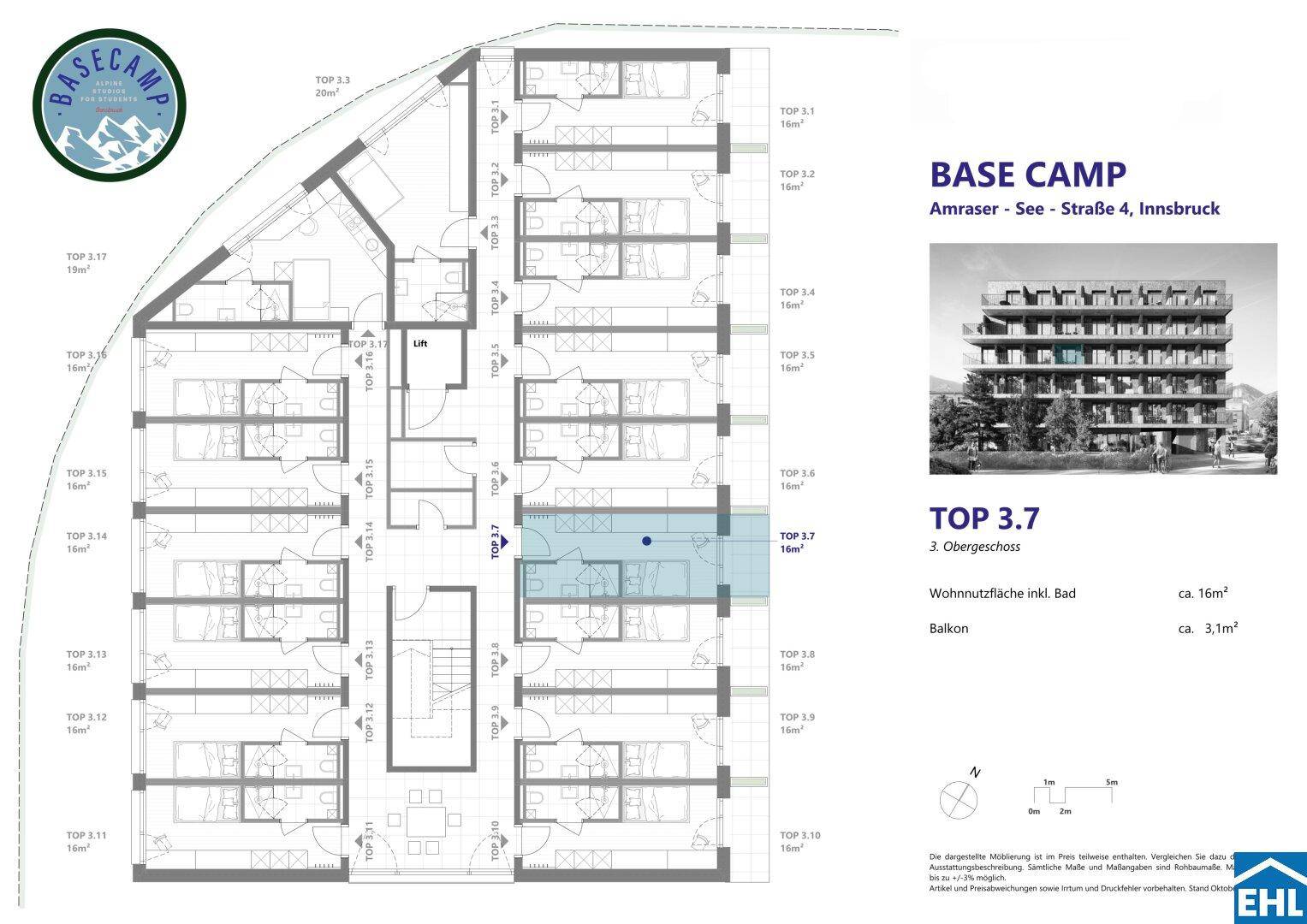 Grundriss des dritten Obergeschosses mit mehreren Wohneinheiten und Balkonen.