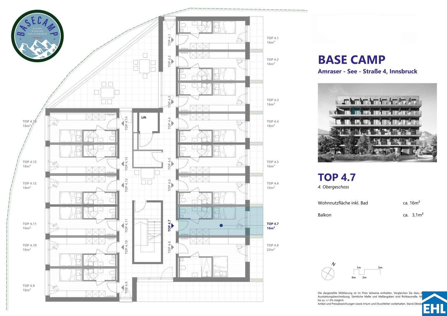 Grundriss des 4. Obergeschosses mit mehreren Wohneinheiten und Balkonen.