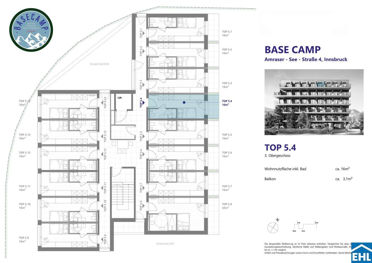 Grundriss des 5. Obergeschosses mit mehreren Wohneinheiten und Balkonen.