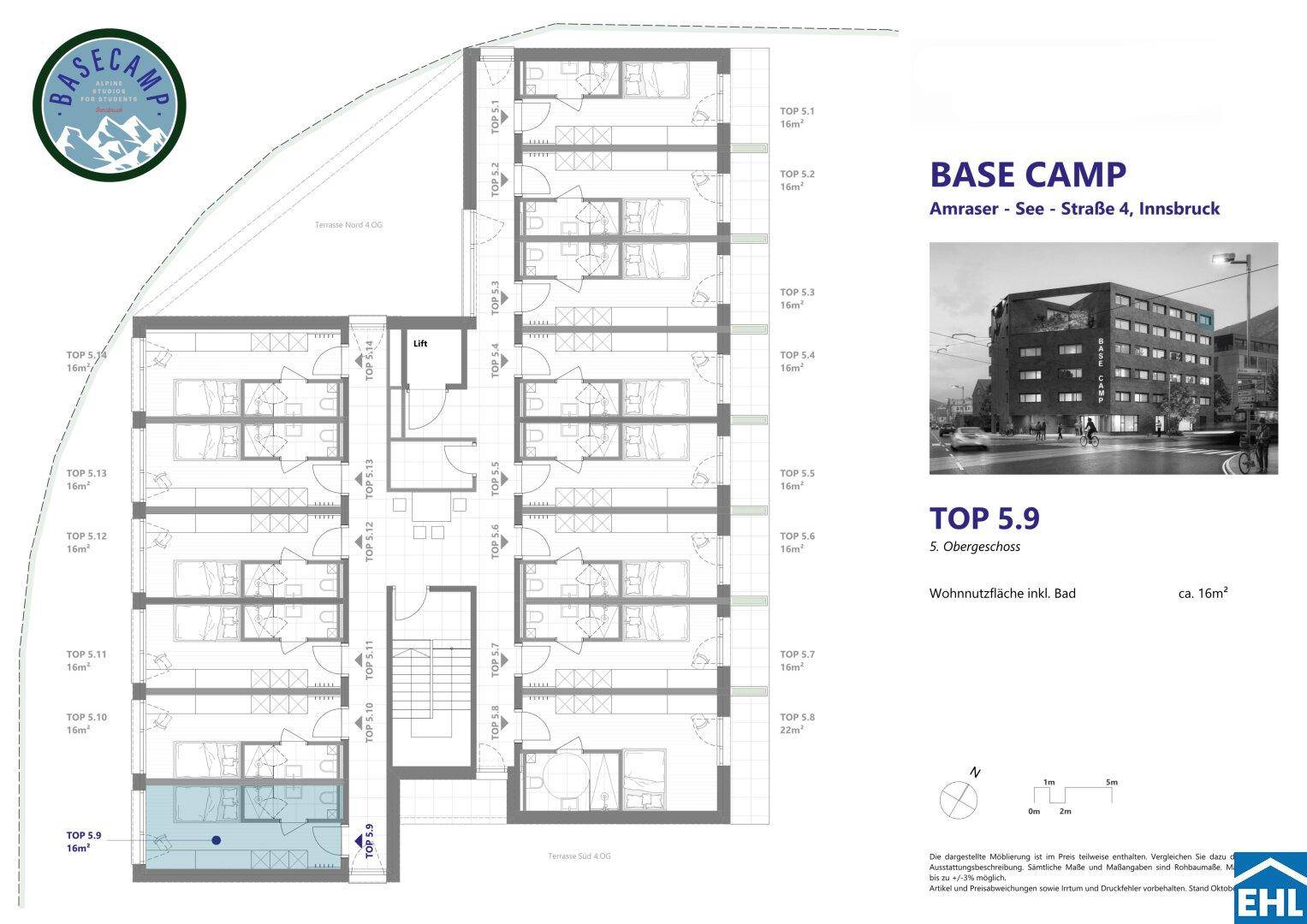 Grundriss eines Obergeschosses mit mehreren Wohneinheiten und Außenansicht des Gebäudes.