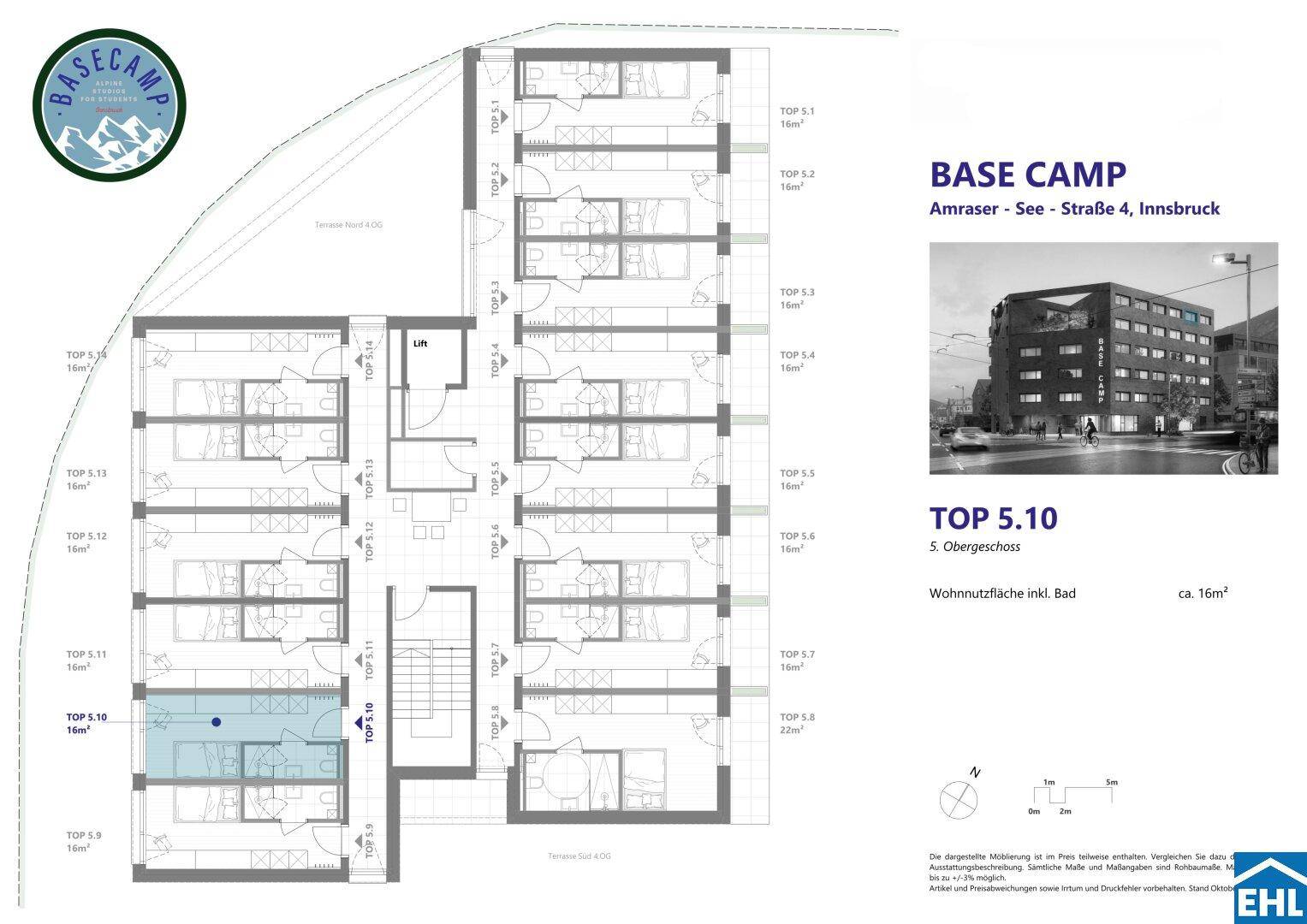 Grundriss des 5. Obergeschosses des Base Camp Gebäudes mit mehreren Wohneinheiten.